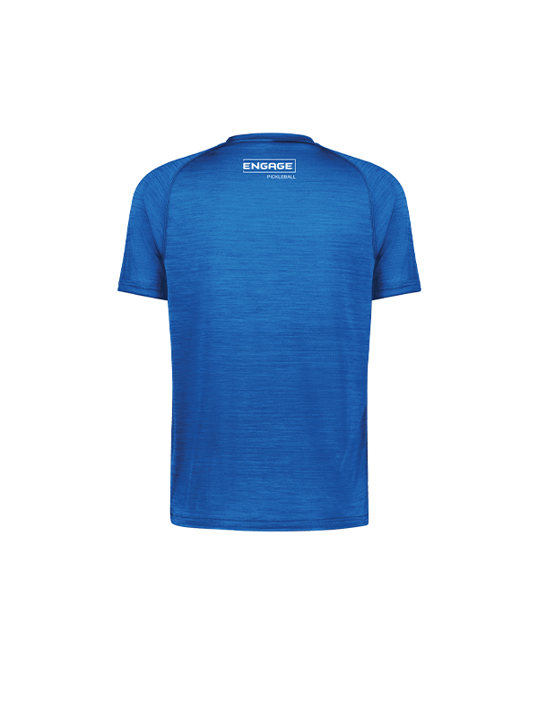 Blue men's short-sleeve t-shirt by EngagePickleball, back view, with heathered fabric and a white 'ENGAGE' logo in a box above 'PICKLEBALL' on the upper back.