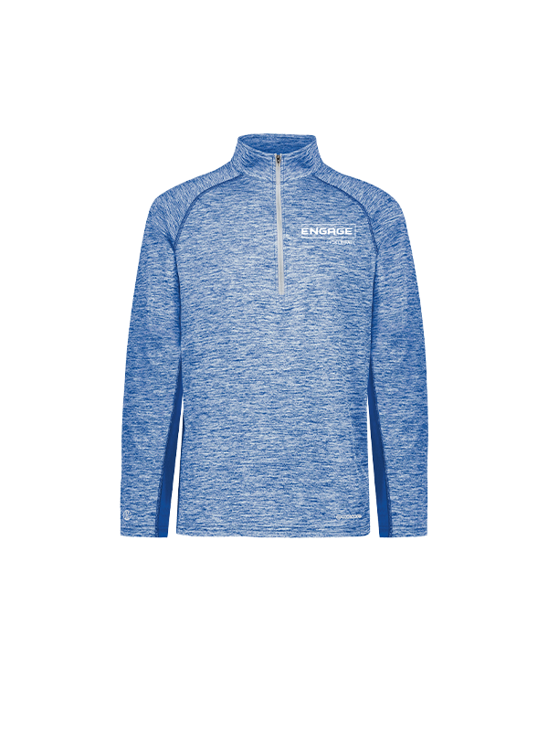 Men's blue heathered 1/2 zip pullover from EngagePickleball with a quarter-zip neckline, white chest logo, and royal blue side panels.