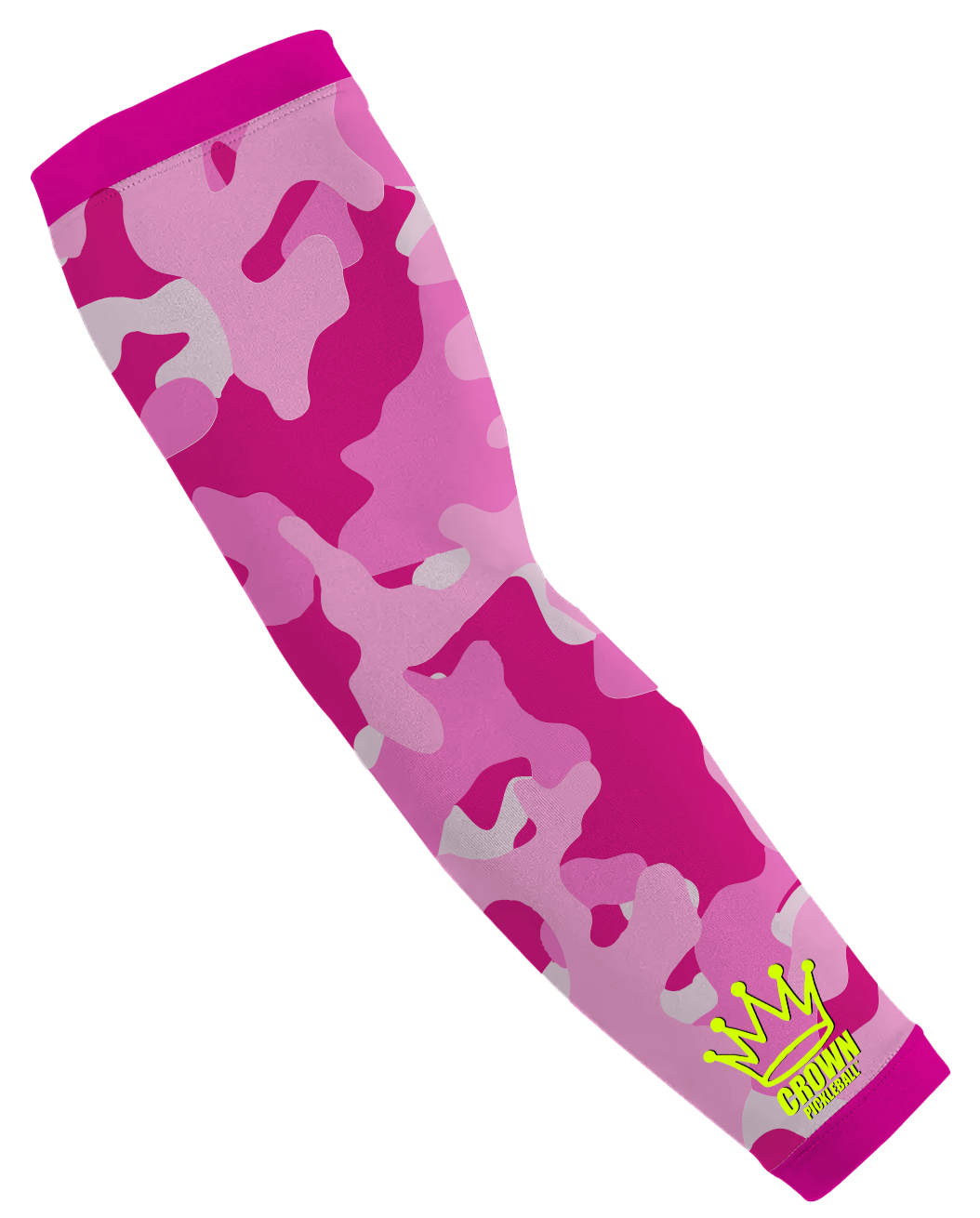 Pink camouflage compression sleeve with a yellow crown logo.