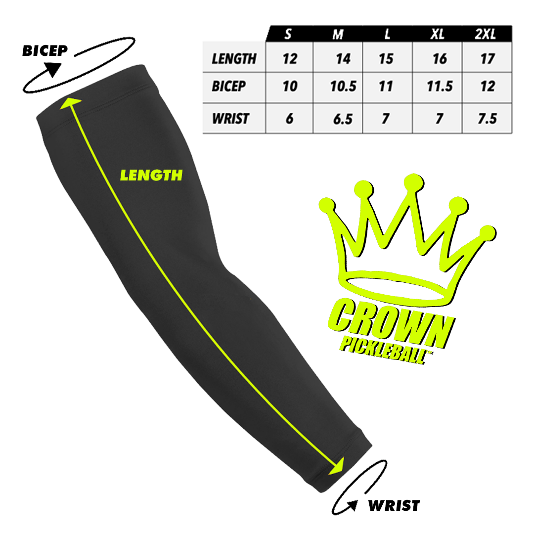 Black arm sleeve with sizing chart and brand logo.