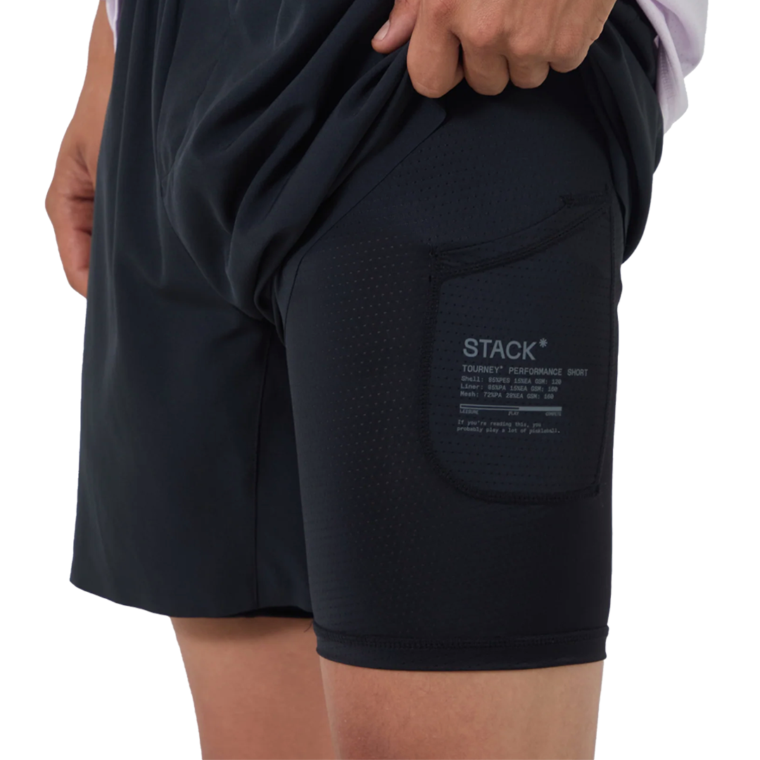 Black athletic shorts with built-in leg pocket.