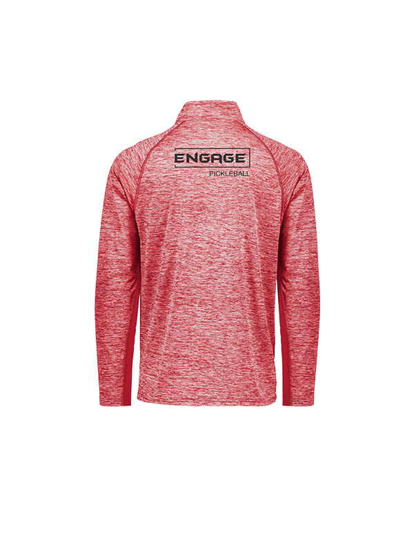 Men's red heathered 1/2 zip pullover by EngagePickleball, back view, with a black back logo.