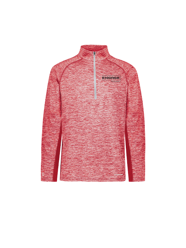 Men's red heathered 1/2 zip pullover by EngagePickleball with a silver zipper, dark red side panels, and a black chest logo.