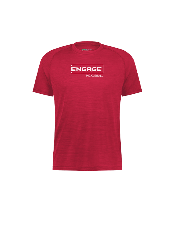 Red heathered men's tee by EngagePickleball with a white 'ENGAGE PICKLEBALL' logo on the chest and raglan sleeves.