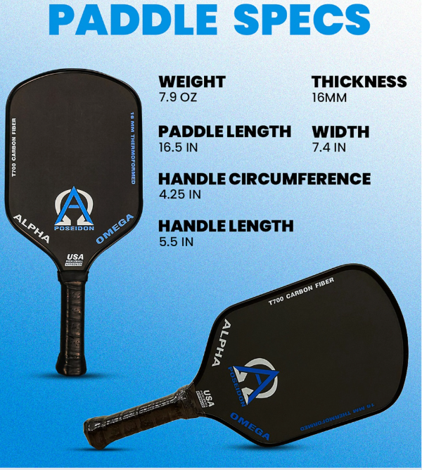 Two black and blue Poseidon pickleball paddles with specifications listed.