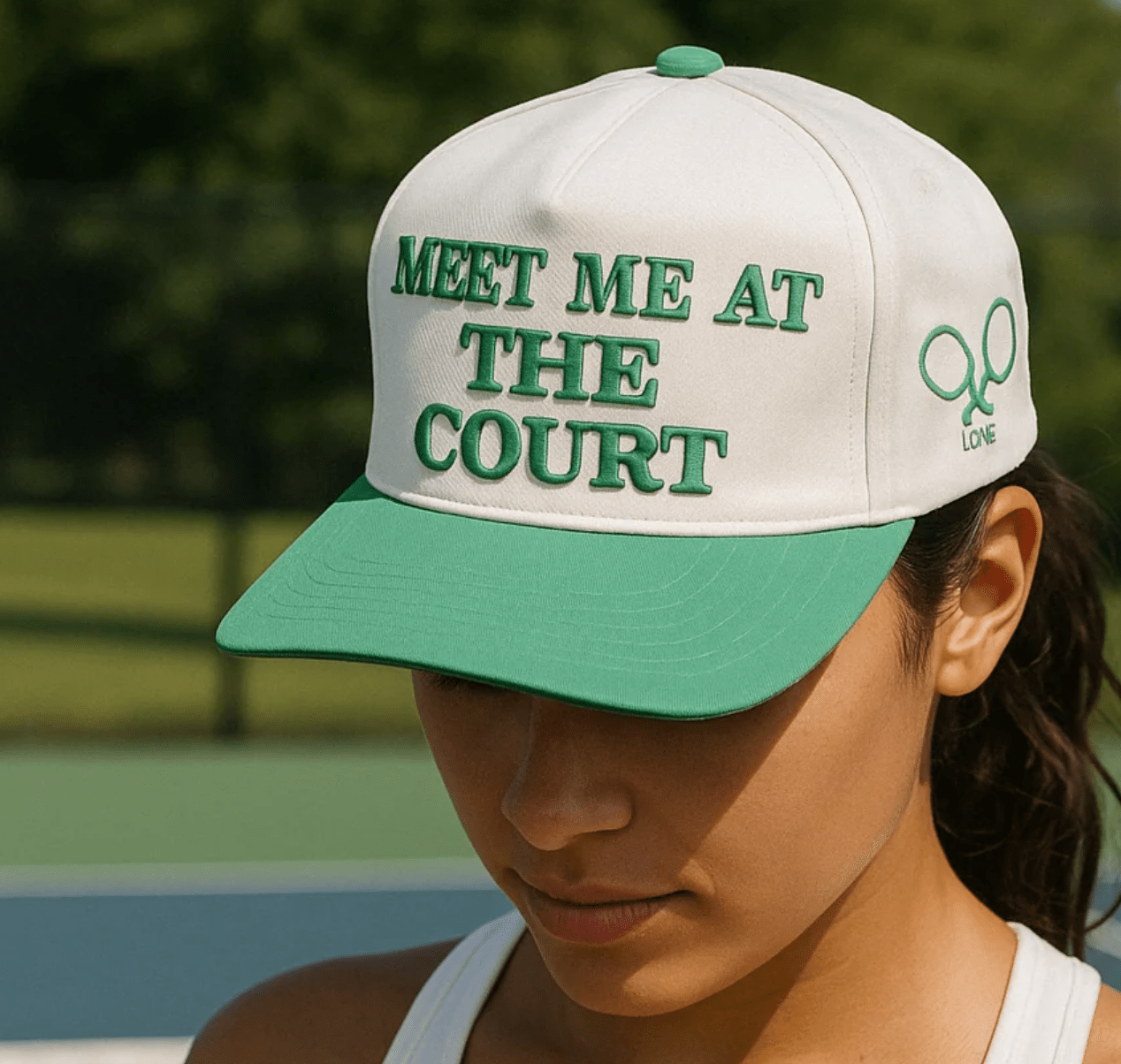 A woman wearing a white and green baseball cap that reads "MEET ME AT THE COURT."