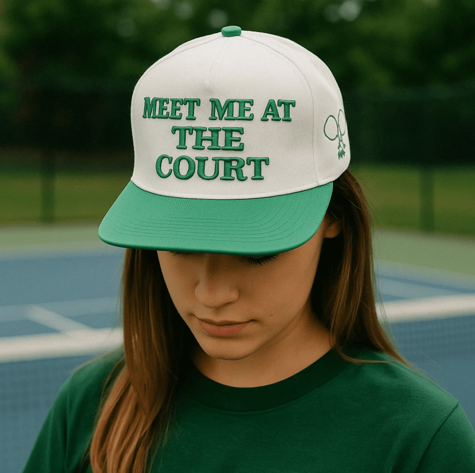 A person wearing a white and green baseball cap that reads "Meet Me at the Court", standing in front of a blue tennis court.