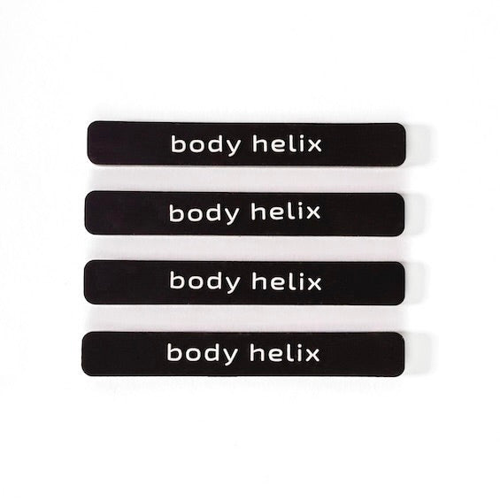 Four black rectangles with white text "body helix" on a white background.