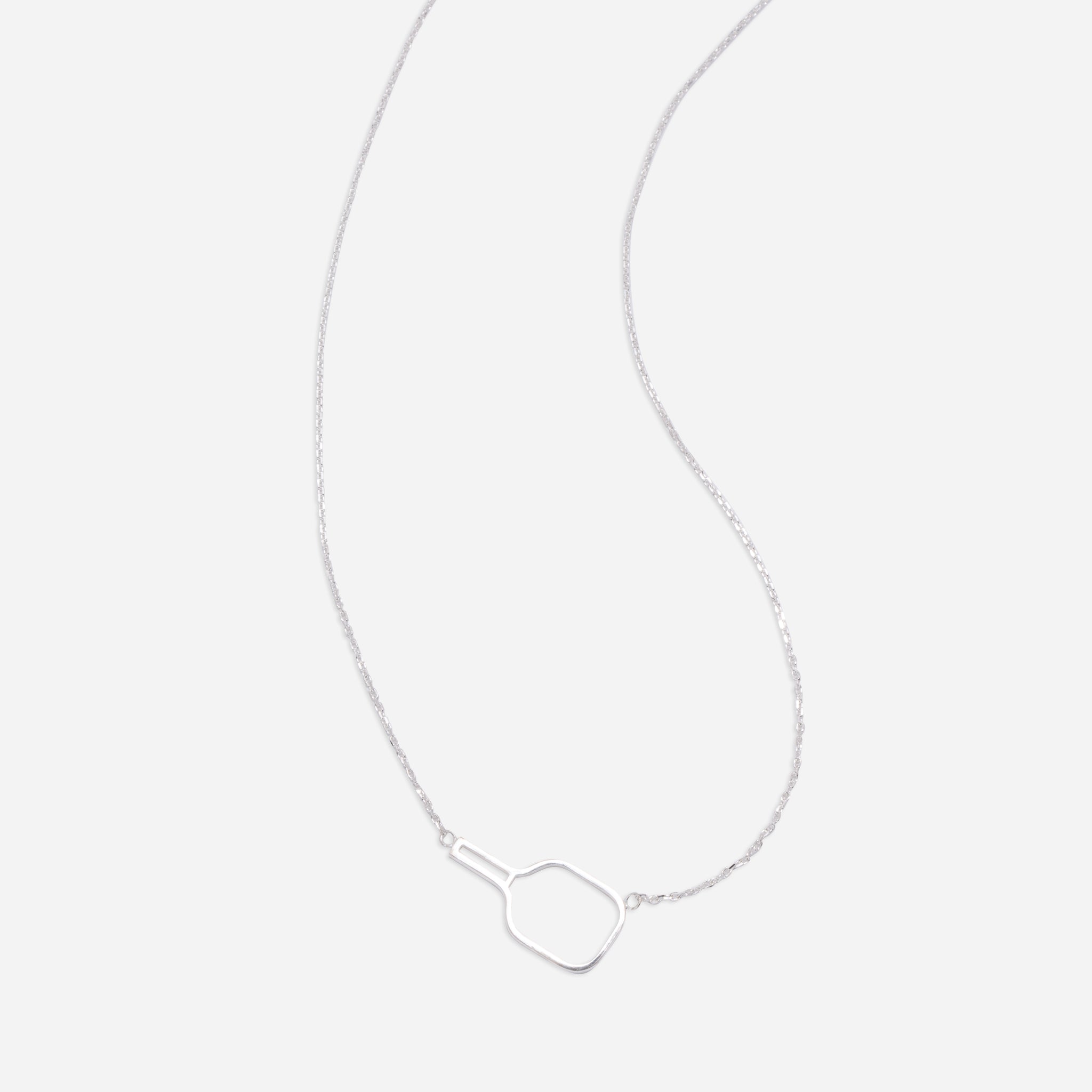 Silver necklace with pickleball paddle pendant.