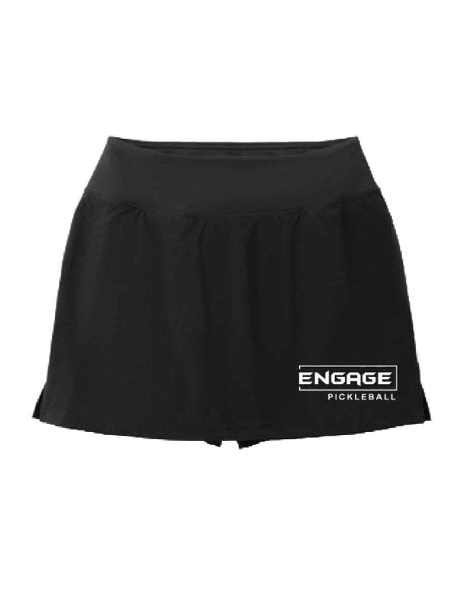 Black women's skort by EngagePickleball, with a white "Engage Pickleball" logo on the right hem, wide waistband, and small side slits.