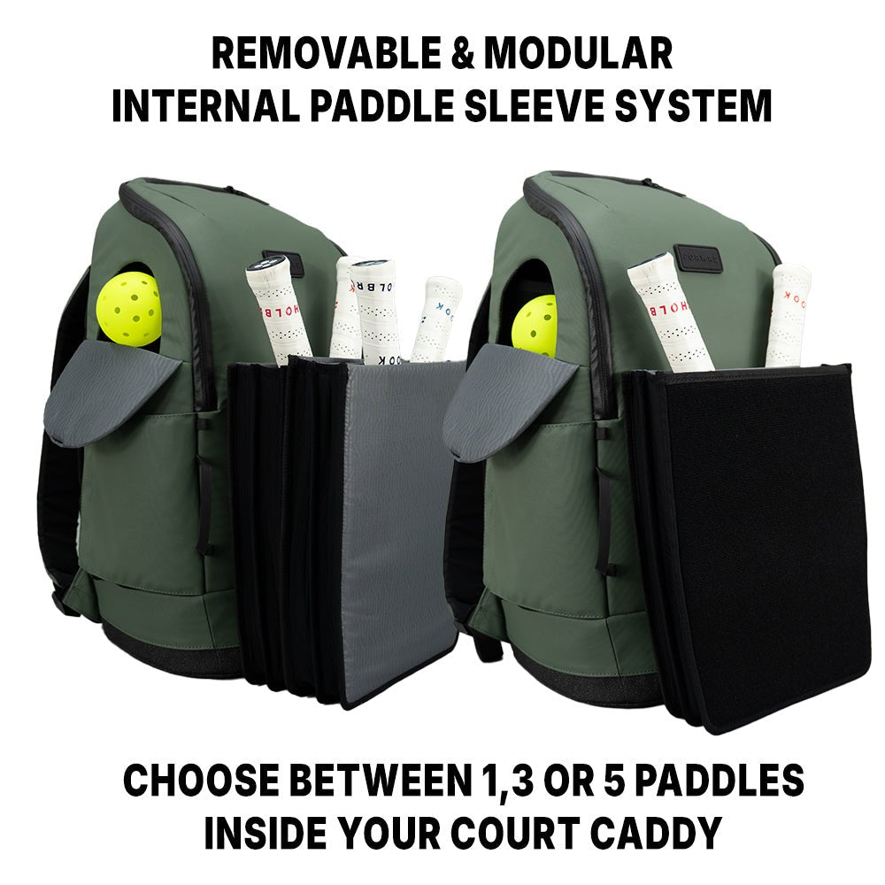 Olive green pickleball bag by FORWRD, demonstrating its removable internal paddle sleeve system holding white paddles, with a yellow pickleball in a side pocket.
