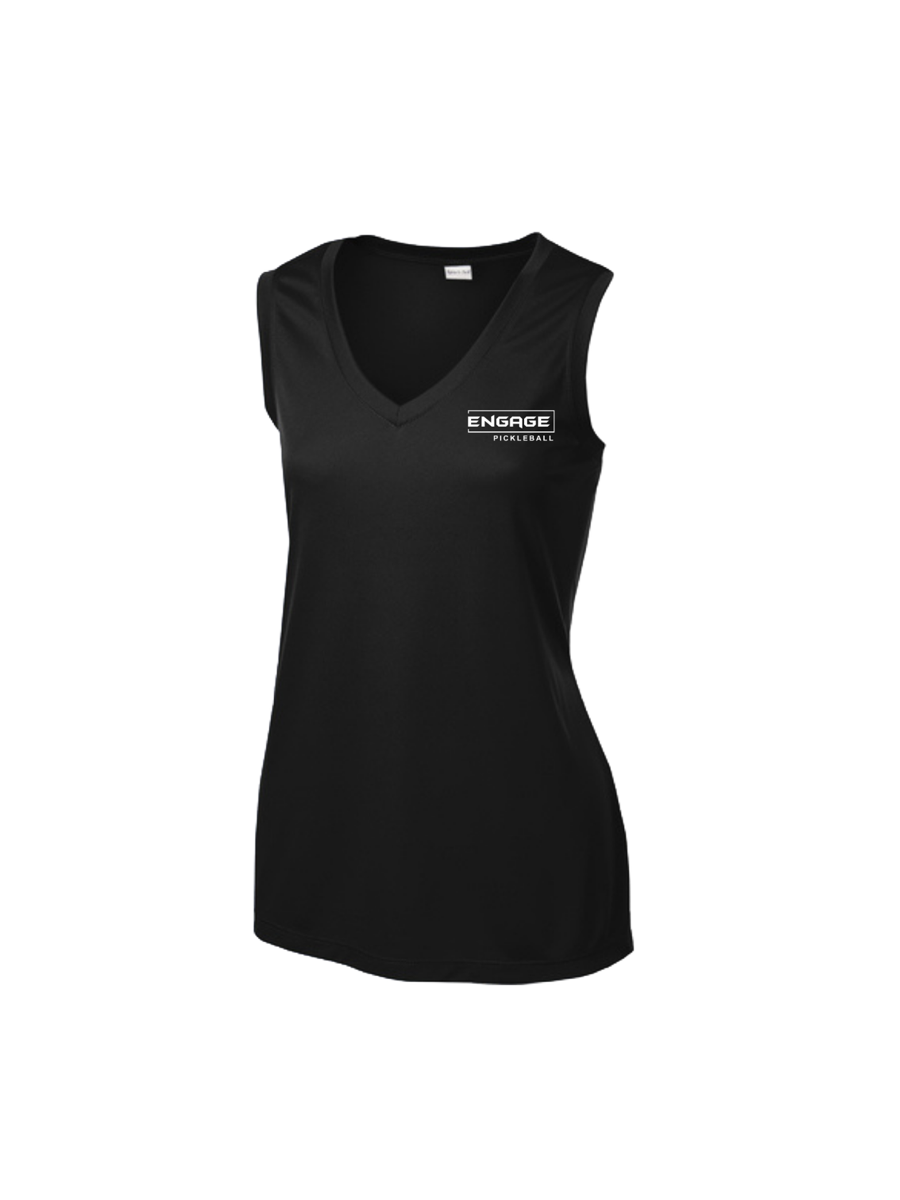 Women's black sleeveless V-neck top by EngagePickleball with a white Engage Pickleball logo on the left chest.