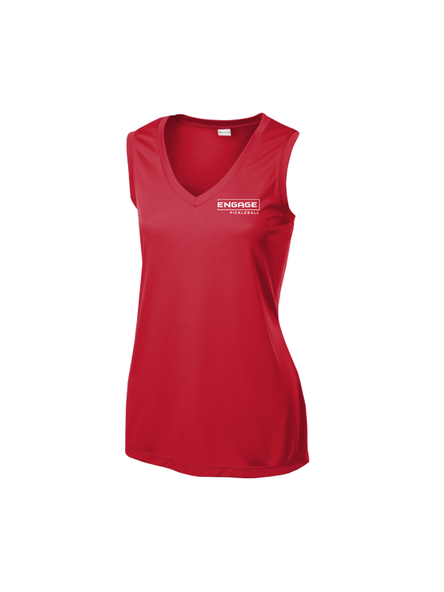 Red Women's Victory Sleeveless V-Neck top by EngagePickleball, featuring "ENGAGE PICKLEBALL" logo on the left chest.