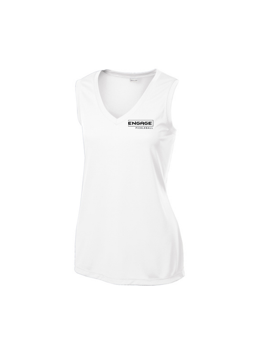 White women's sleeveless V-neck top by EngagePickleball with 'ENGAGE PICKLEBALL' logo on the chest.