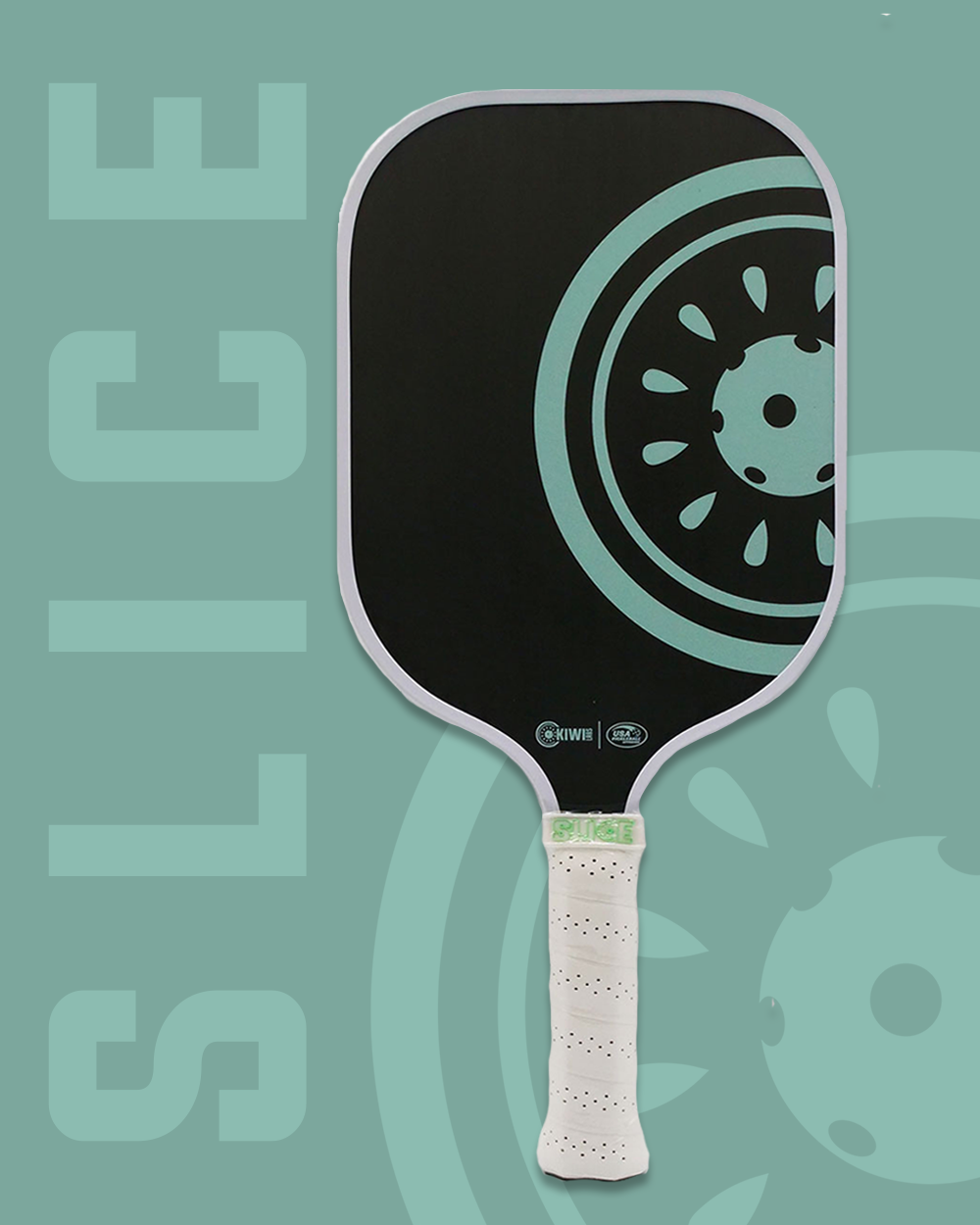 Pickleball paddle with a black face, light blue graphics, a white grip, and a light blue background with the word "SLICE" printed vertically.