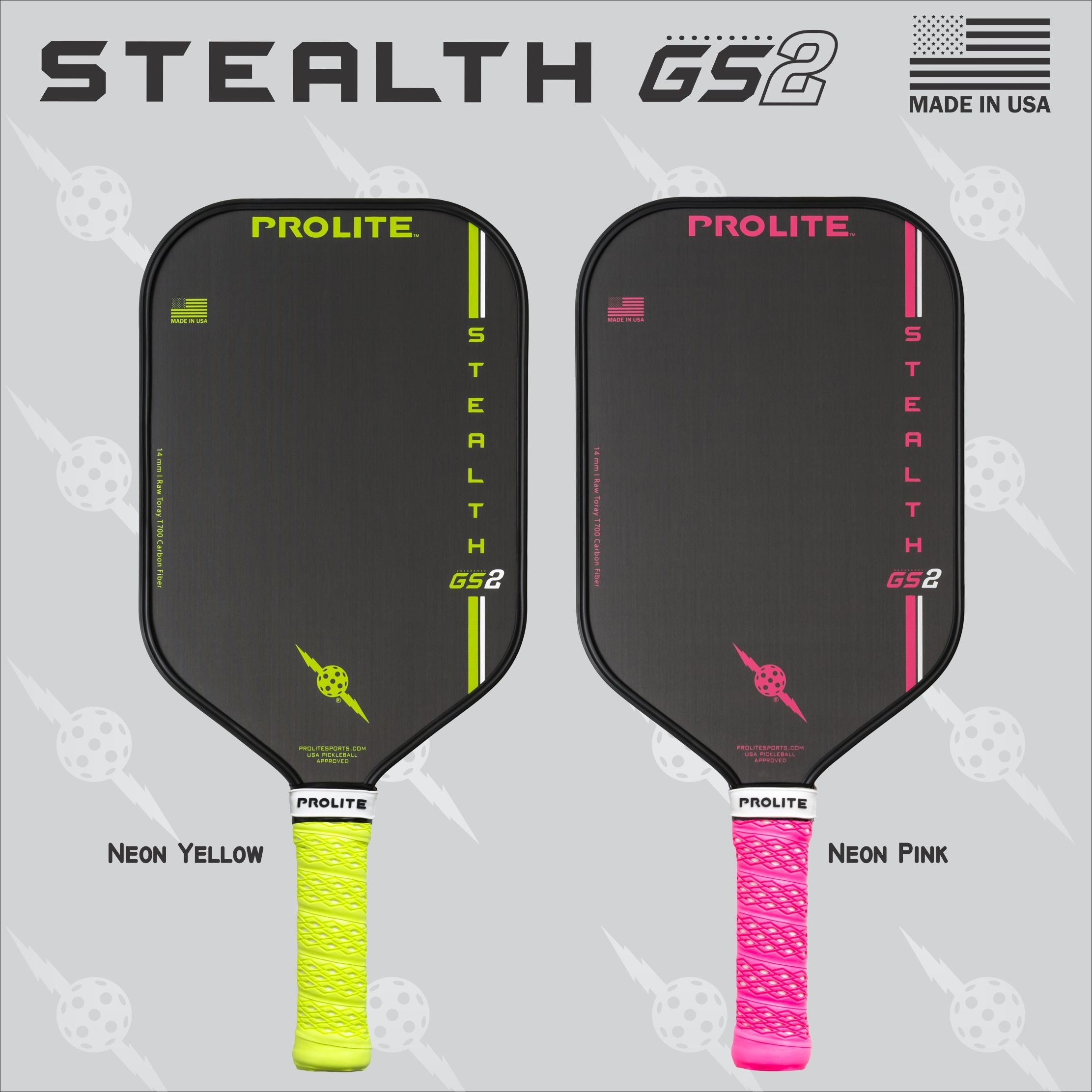 Two pickleball paddles, one neon yellow and one neon pink, with black paddle faces, labeled "Stealth GS2," against a gray background.