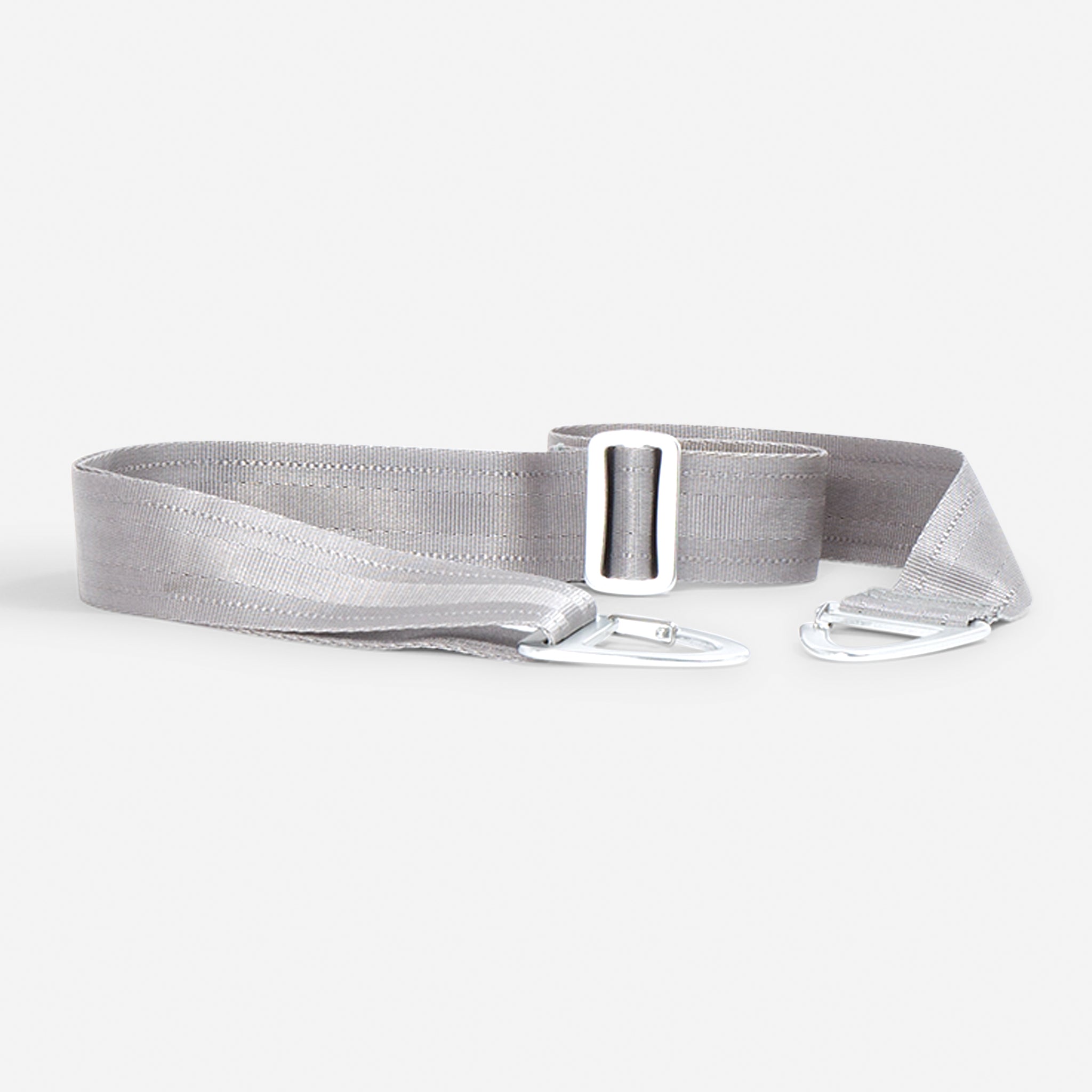 Gray nylon strap with metal buckles.