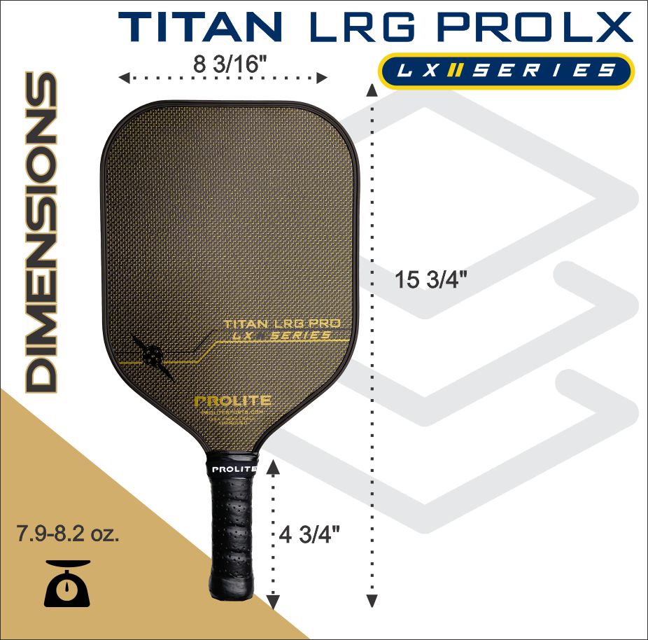 Dark gold textured pickleball paddle by Prolite with black handle, 'LX SERIES' logo, and display of dimensions and weight.