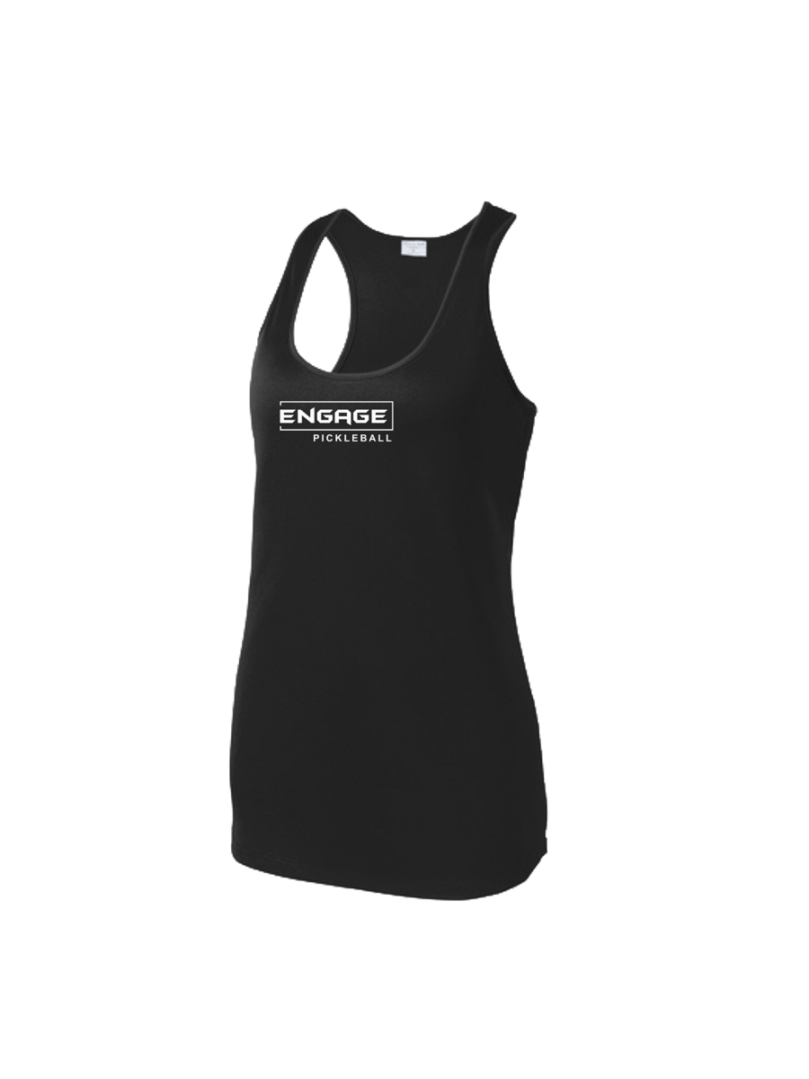 Black women's racerback tank by EngagePickleball, featuring a white "ENGAGE PICKLEBALL" logo on the chest.