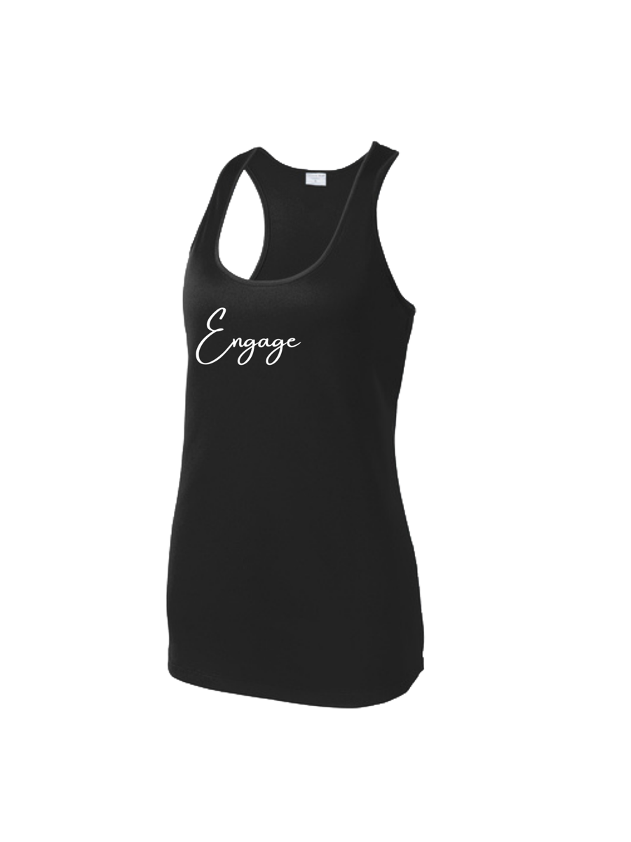 Black Women's Victory Racer Back Tank by EngagePickleball featuring white "Engage" script on front, side view.