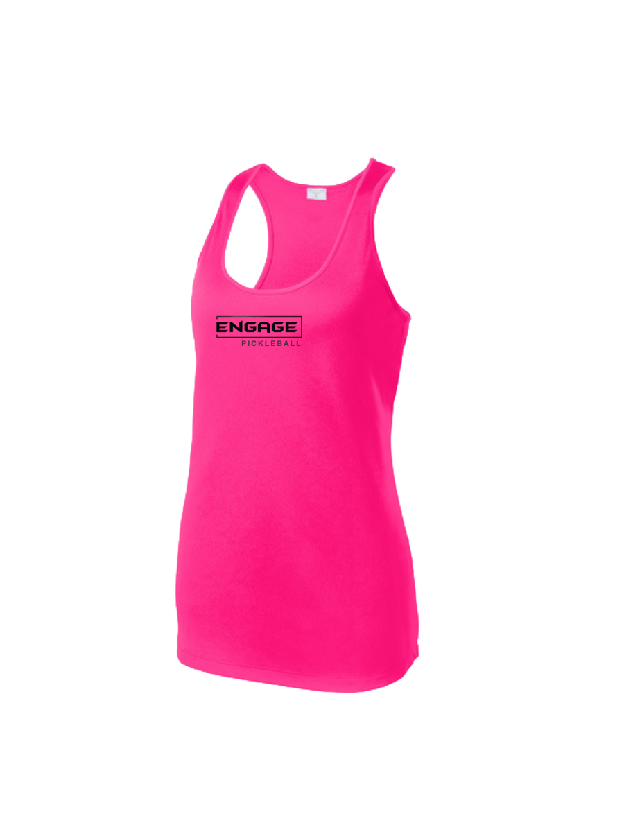 Hot pink women's racerback tank by EngagePickleball with black "ENGAGE PICKLEBALL" logo on the chest.