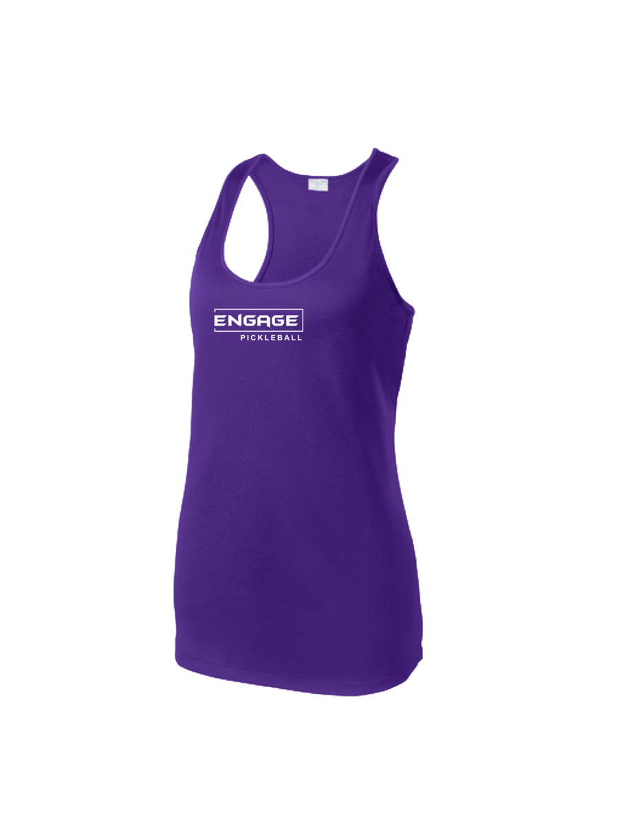 Purple women's racerback tank by EngagePickleball with a white "ENGAGE PICKLEBALL" logo on the chest, side view.