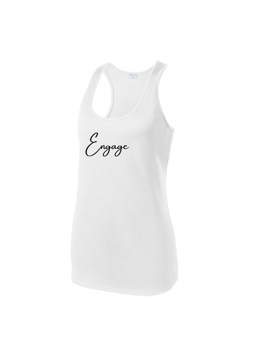 White Women's Victory Racer Back Tank by EngagePickleball, featuring "Engage" in black script on the front.