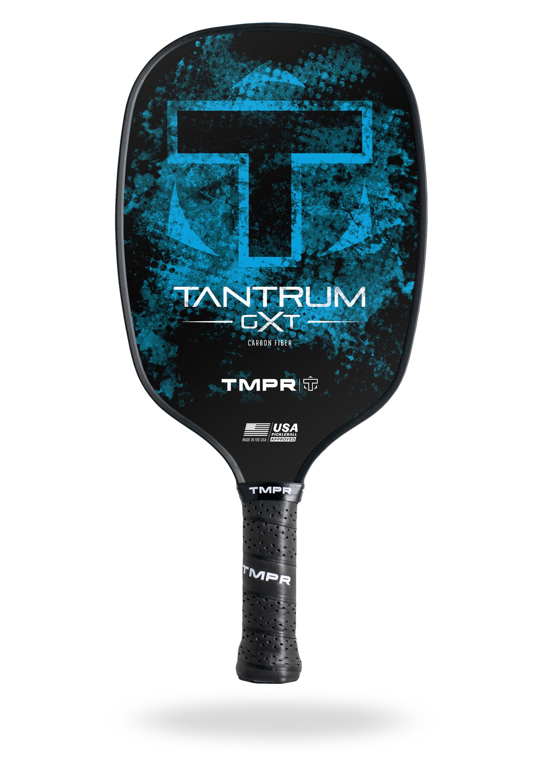 Black carbon fiber Tantrum GXT pickleball paddle by TMPR Sports, featuring a blue grunge design, white lettering, and a perforated black grip. USA Pickleball Approved.