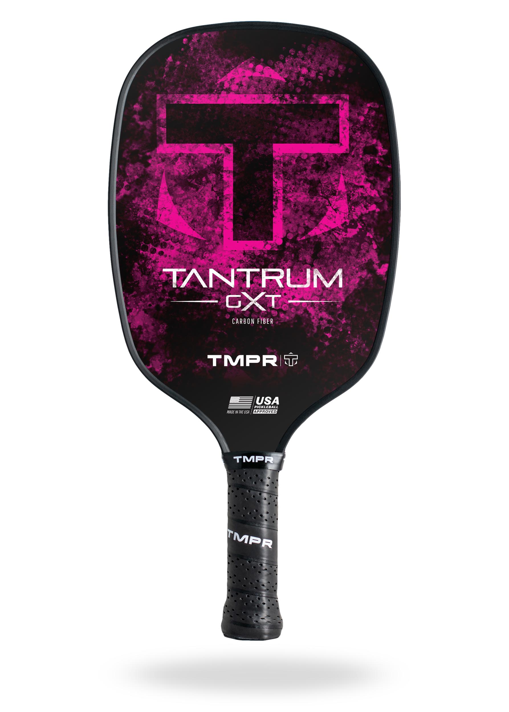 Black carbon fiber pickleball paddle by TMPR Sports, featuring a hot pink splatter design, large T logo, and perforated grip.