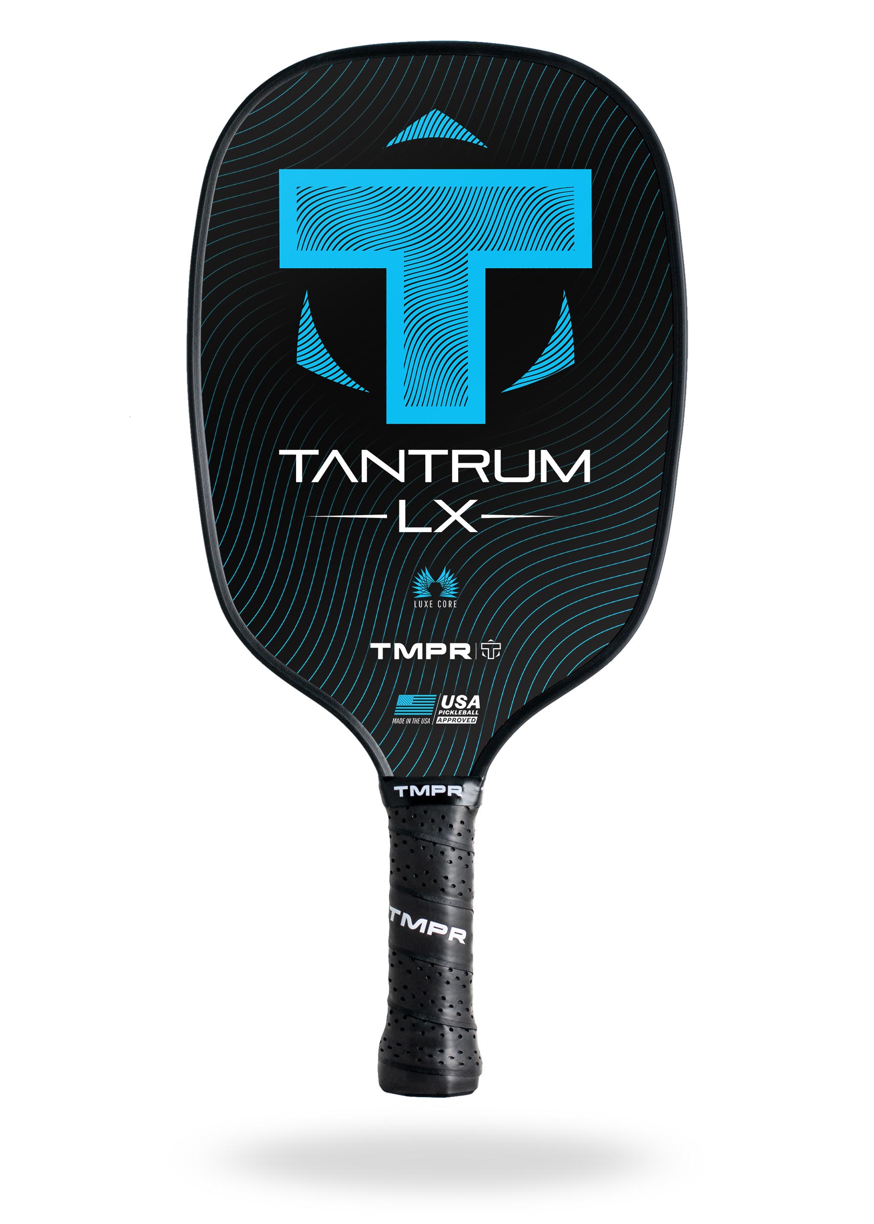 Black pickleball paddle by TMPR Sports with blue wavy lines, a large 'T' logo, and 'Tantrum LX' text.
