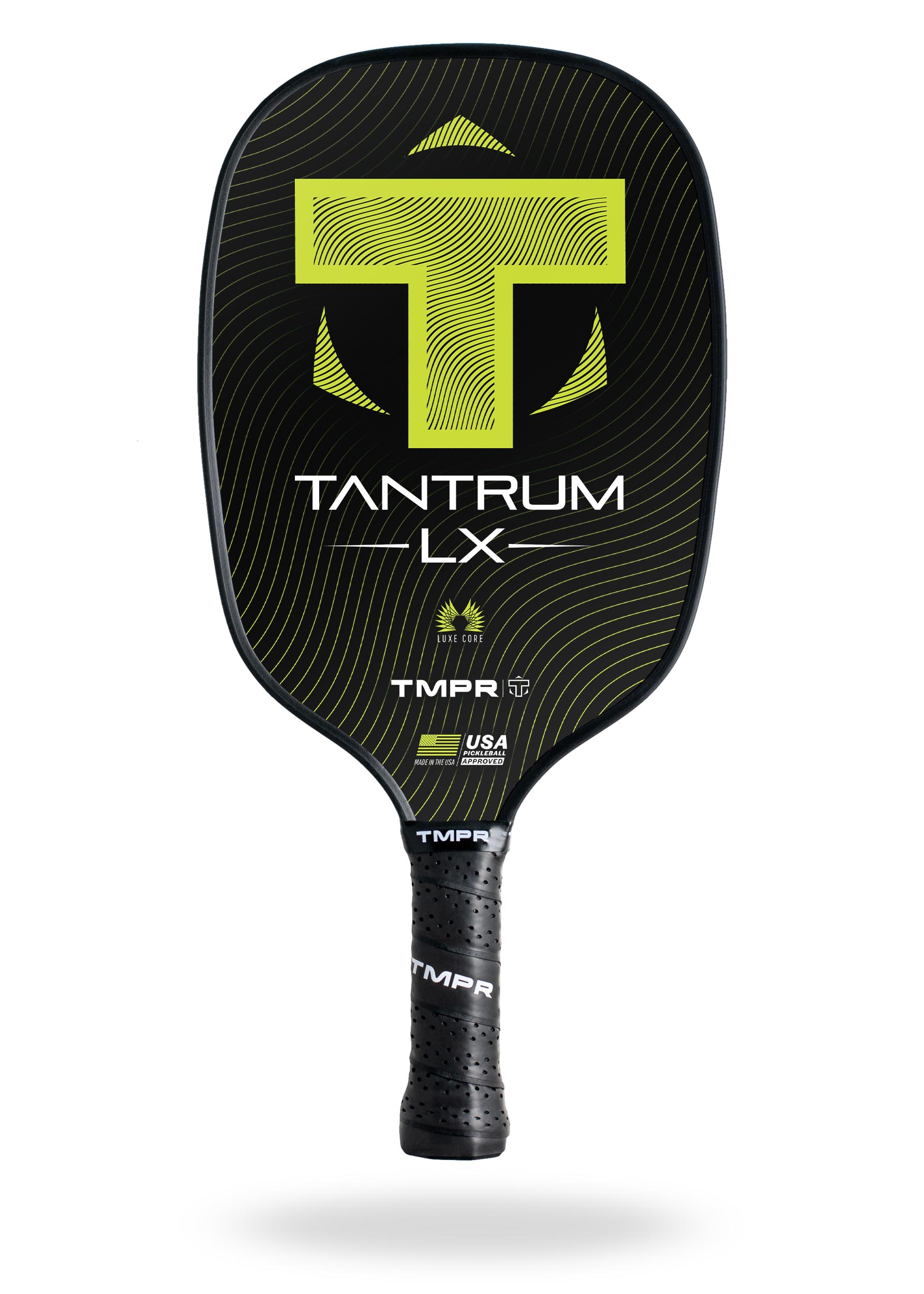 Black and neon yellow pickleball paddle by TMPR Sports featuring a large T-logo, "Tantrum LX" text, wavy lines, and a perforated grip.