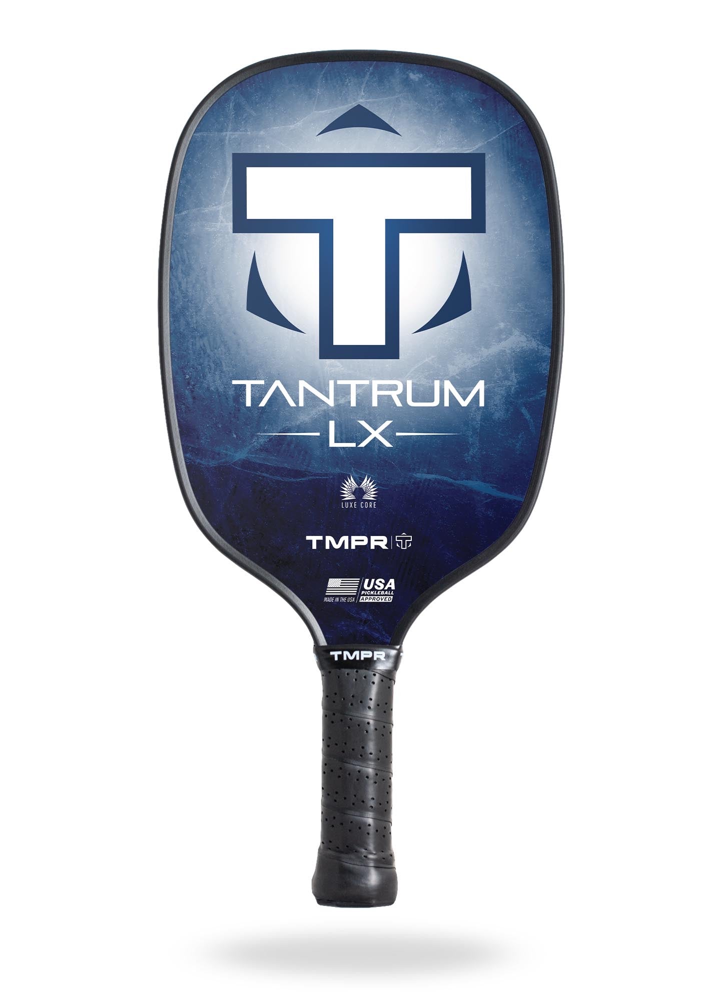 Indigo Ice pickleball paddle by TMPR Sports, showcasing a large white 'T' logo and black perforated grip.