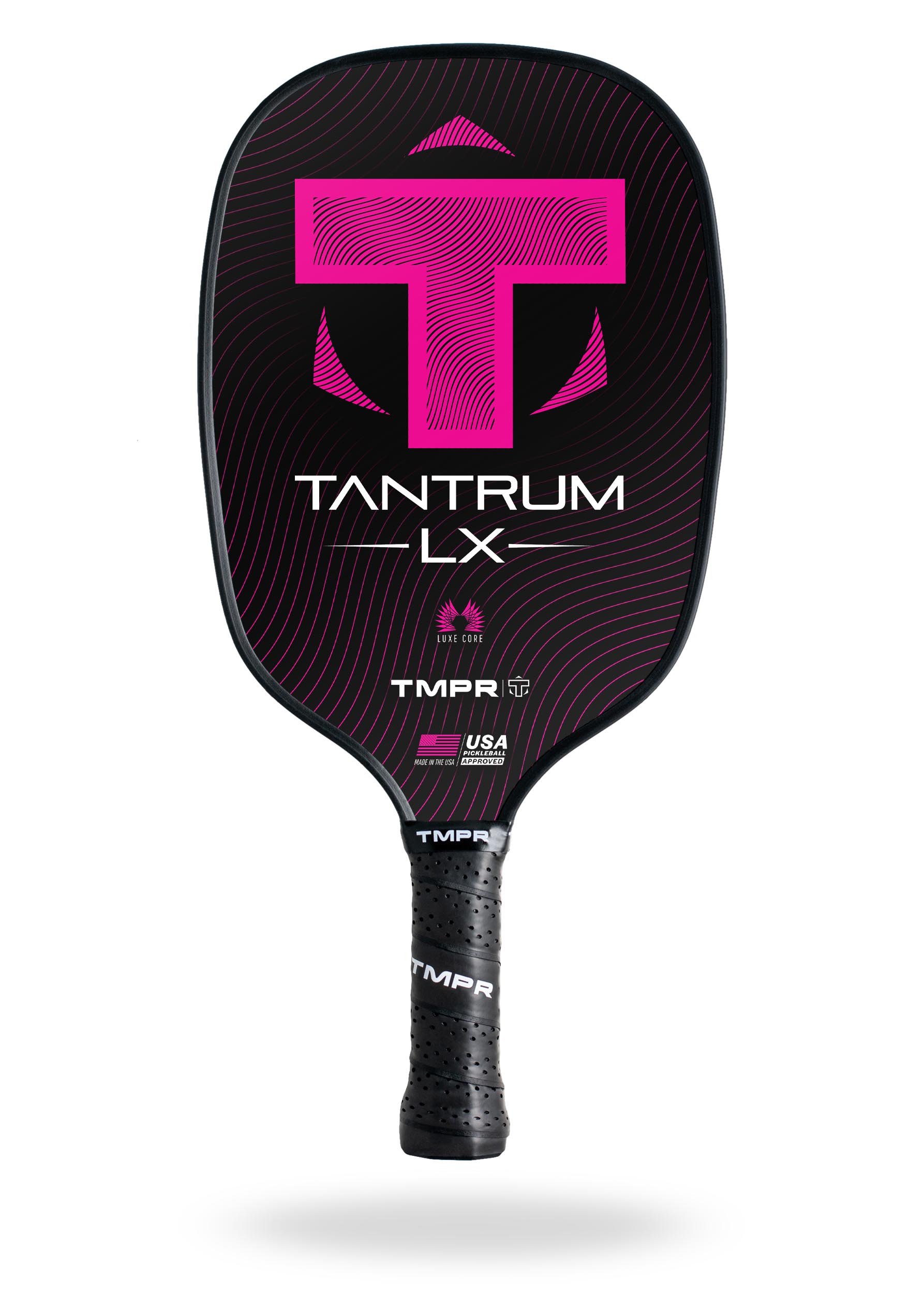 Black pickleball paddle by TMPR Sports with pink wavy lines, a large stylized T logo, "Tantrum LX" text, and a black perforated grip.