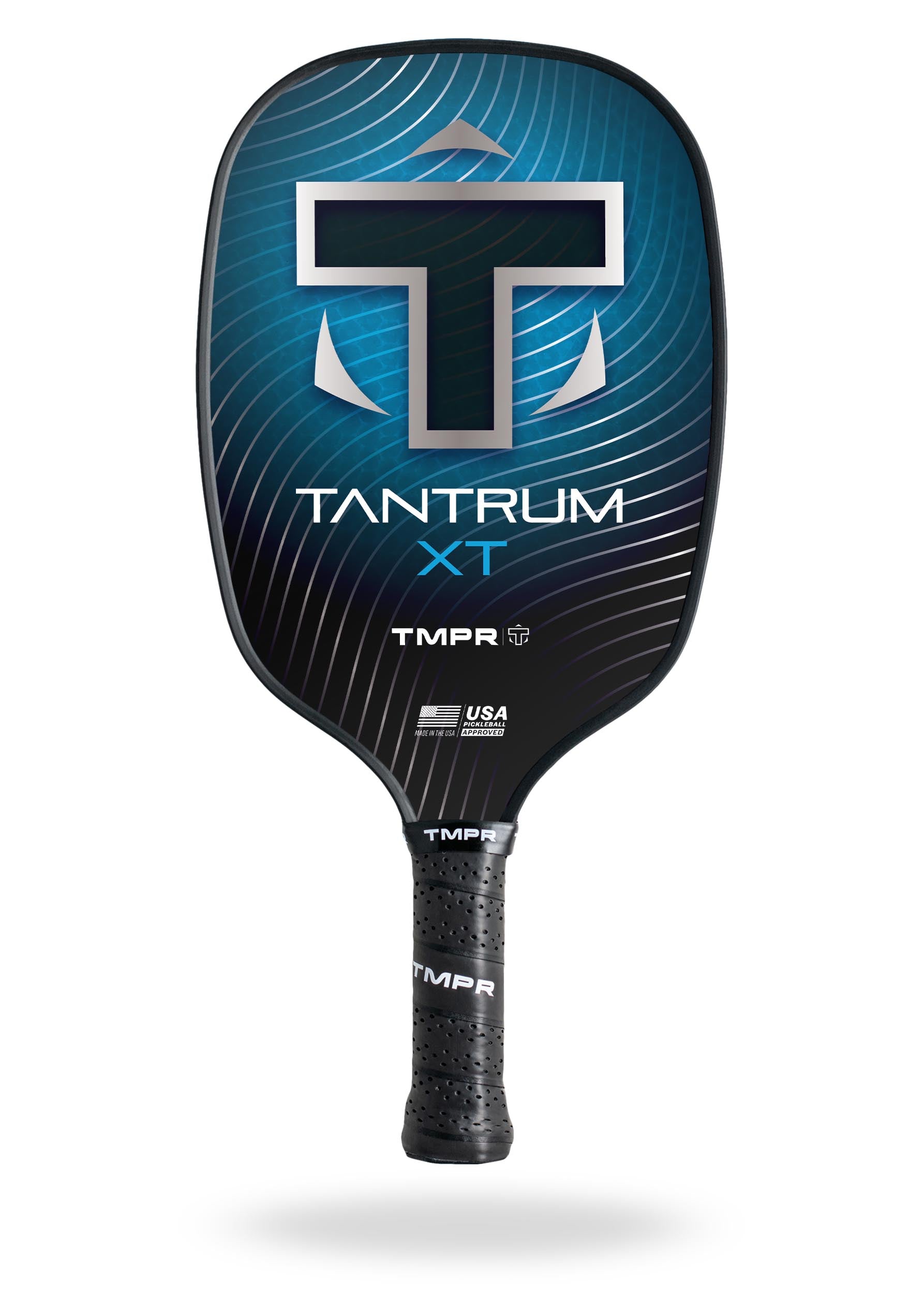 Blue and black pickleball paddle by TMPR Sports, featuring a prominent silver T-logo and wavy line pattern.