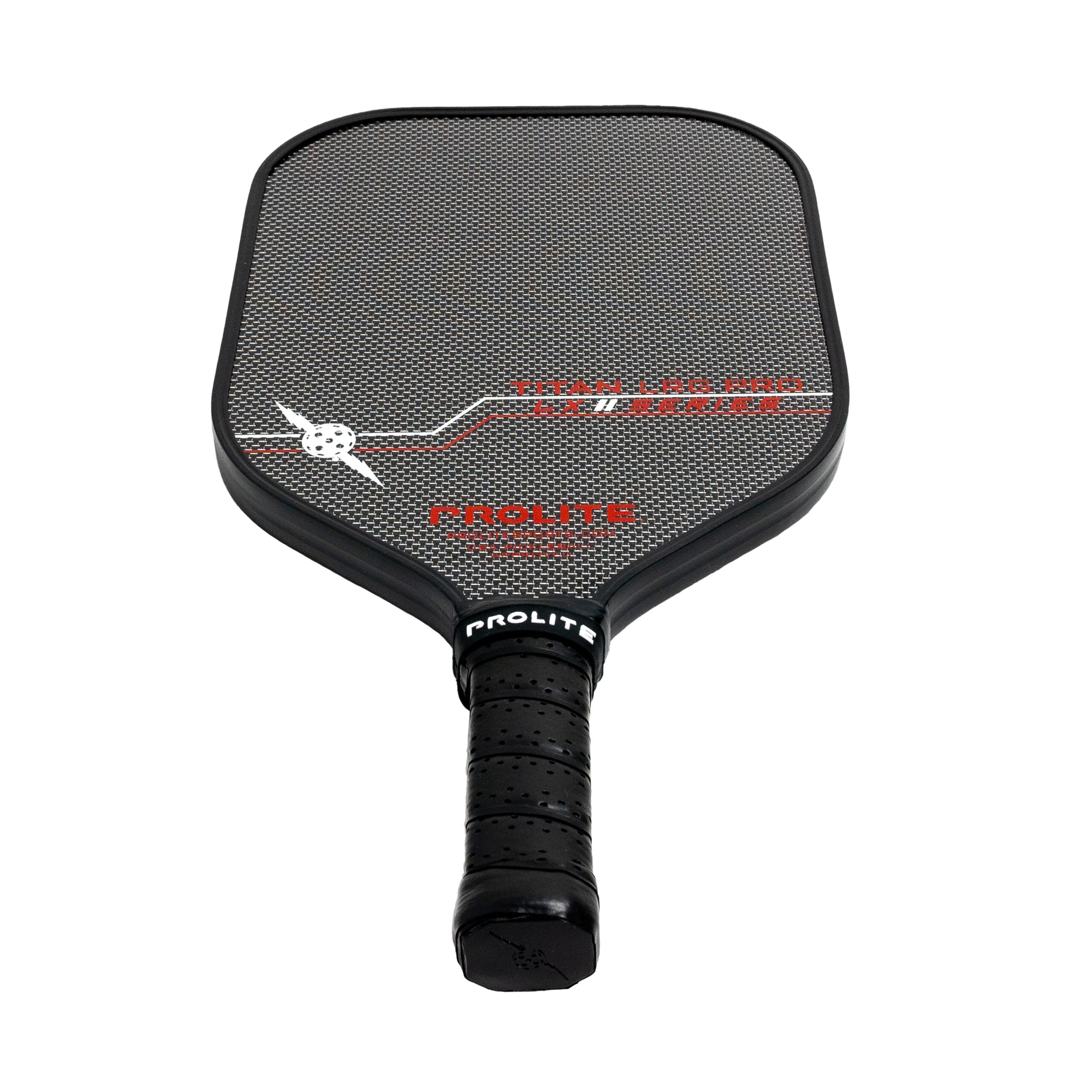 Black and grey pickleball paddle by Prolite featuring a textured surface, white pickleball icon, and red and white graphics.