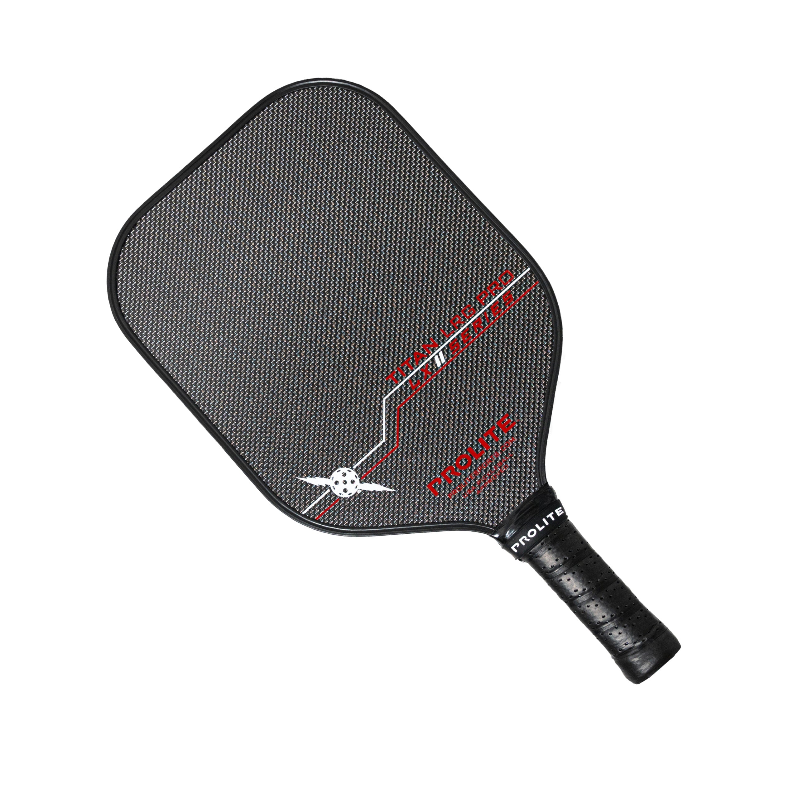Black pickleball paddle by Prolite with a textured face, featuring red and white diagonal graphics and 'Titan LRG Pro LX Series' text, and a black grip.