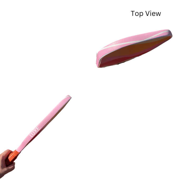 Pink tennis racket being held up with a detached paddle labeled "Top View" hovering above it.