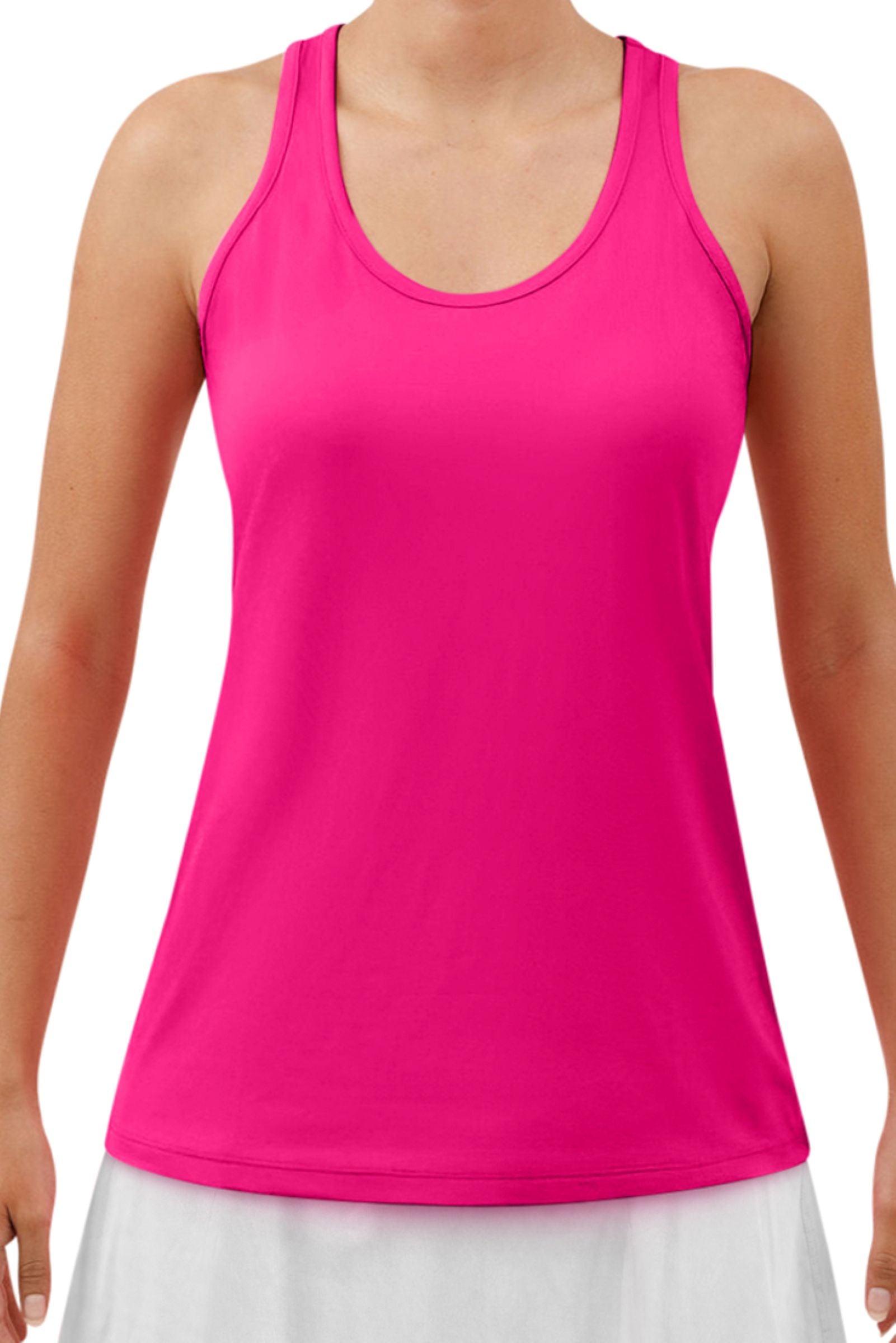 Diva Pink Racerback Tank by Pickleball Bella worn by a model with a white skirt.