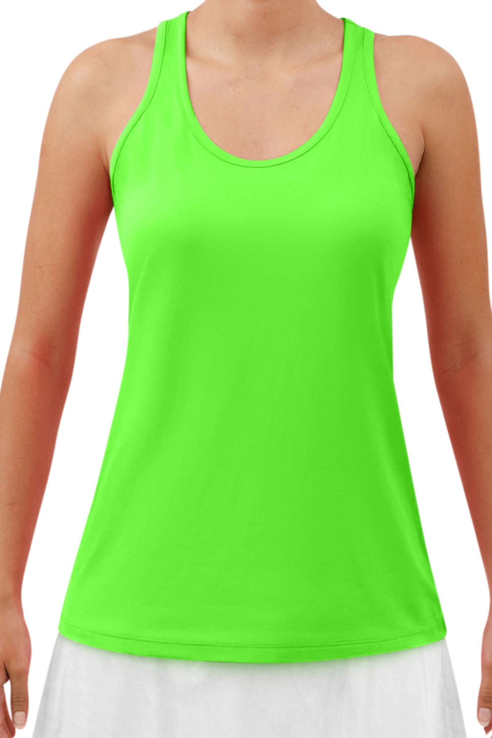 Gecko Green racerback tank by Pickleball Bella with a scoop neck and smooth fabric, worn over a white skirt.
