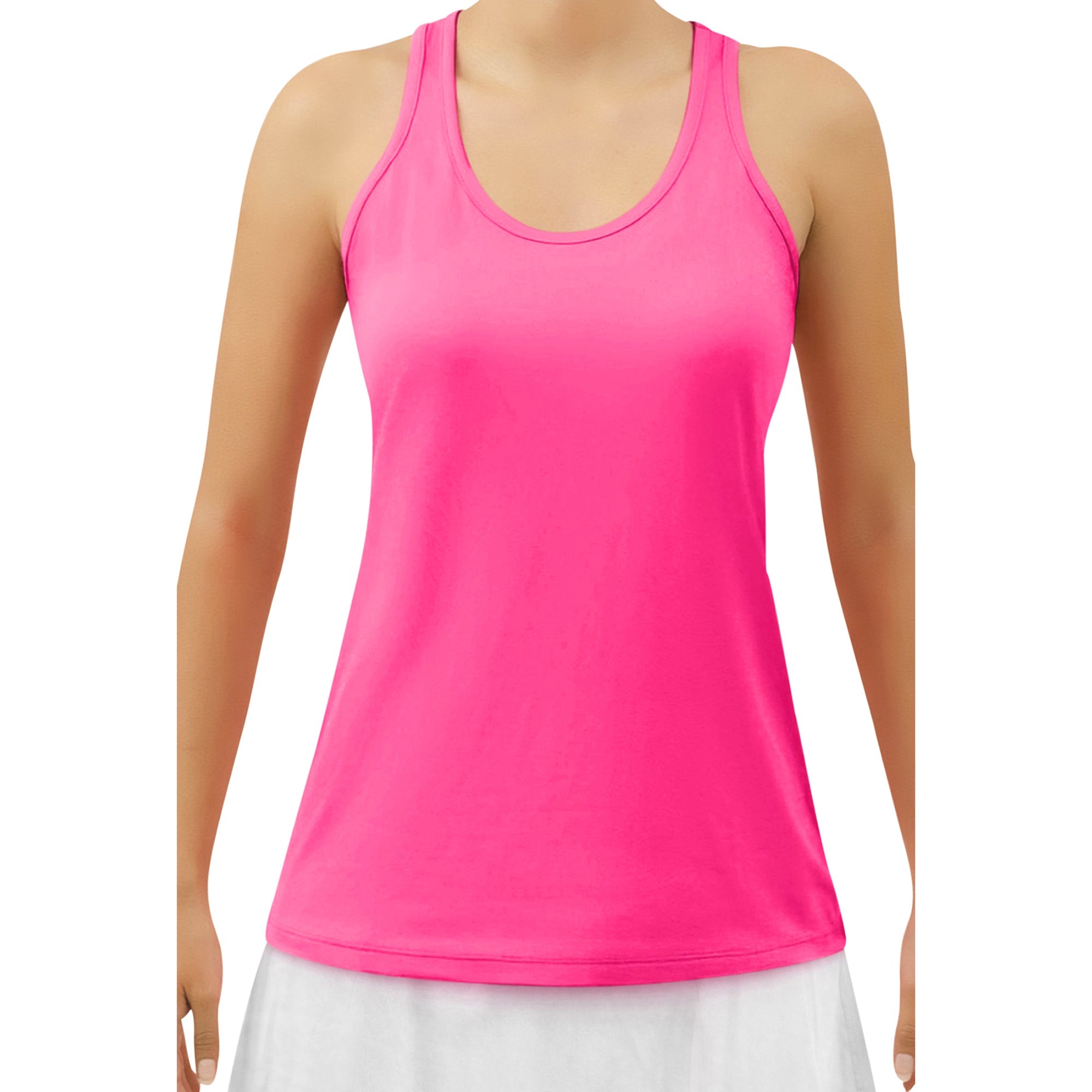 Hot pink racerback tank by Pickleball Bella with a scoop neck, athletic fabric, worn with a white skirt.