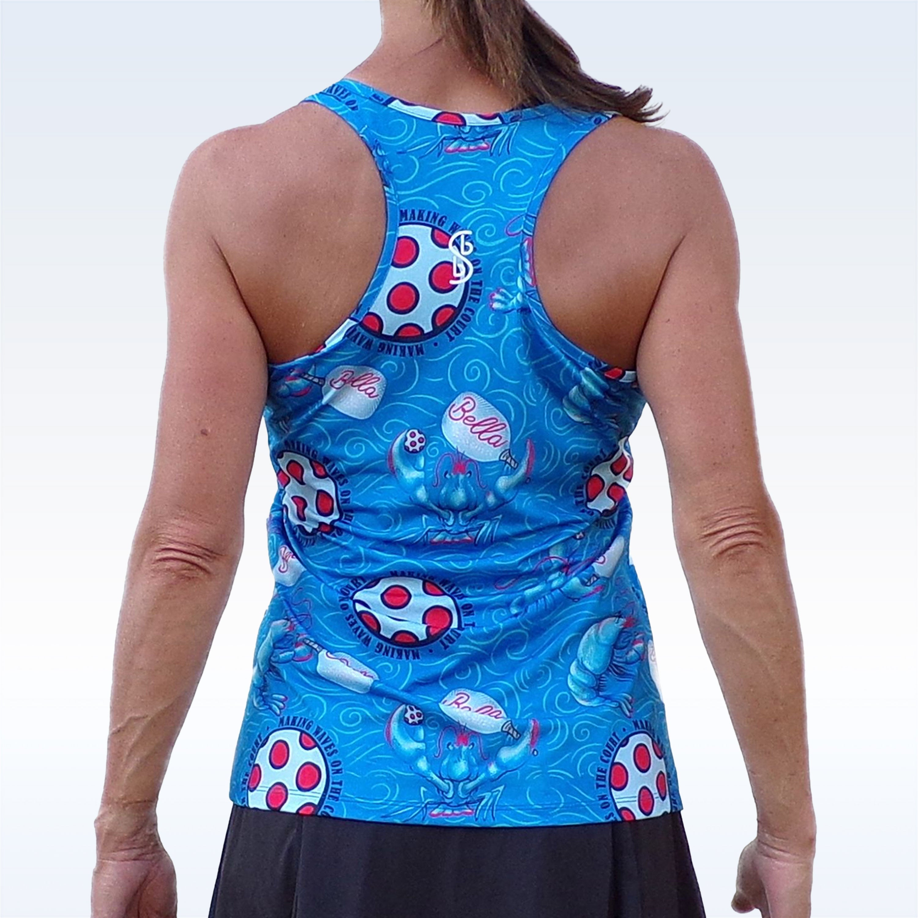 Blue Racerback Tank by Pickleball Bella, with a lobster monster and pickleball pattern on the back.