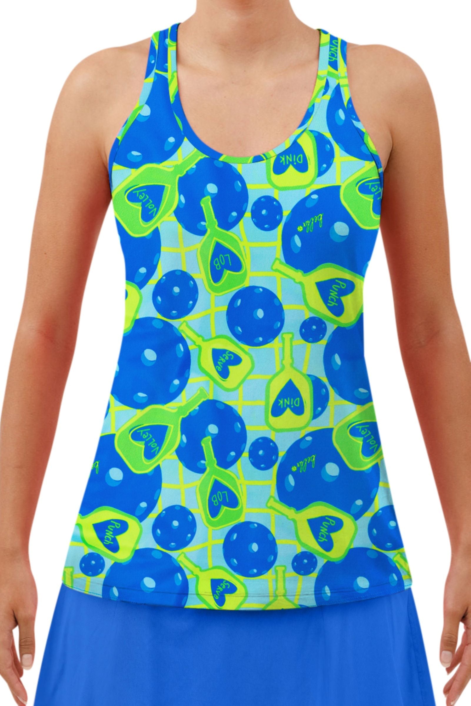Blue and green pickleball-themed racerback tank by Pickleball Bella, featuring paddles, balls, and a net grid, worn with a blue skirt.