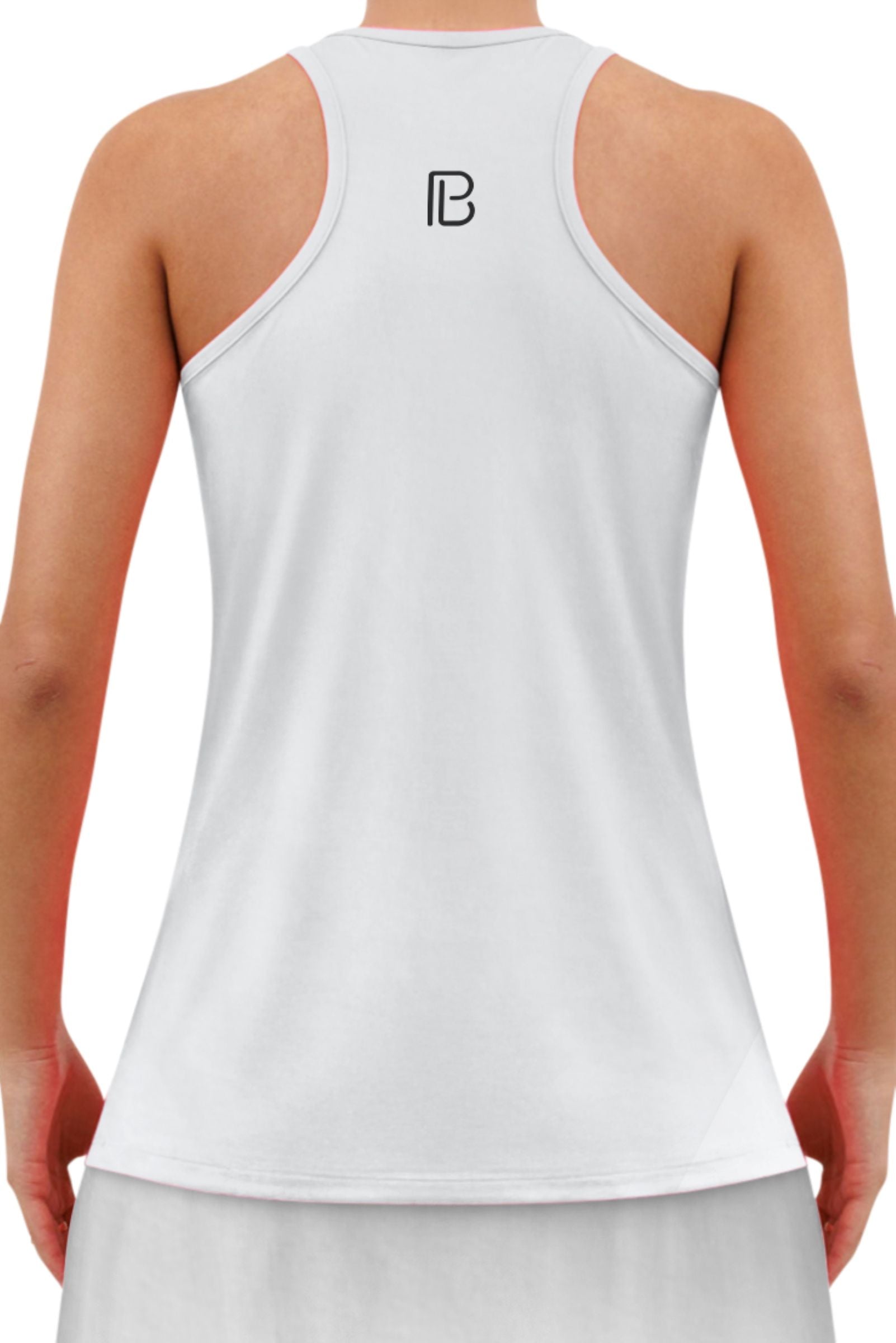 White Racerback Tank by Pickleball Bella, featuring a black B logo on the upper back, worn with a white skirt.