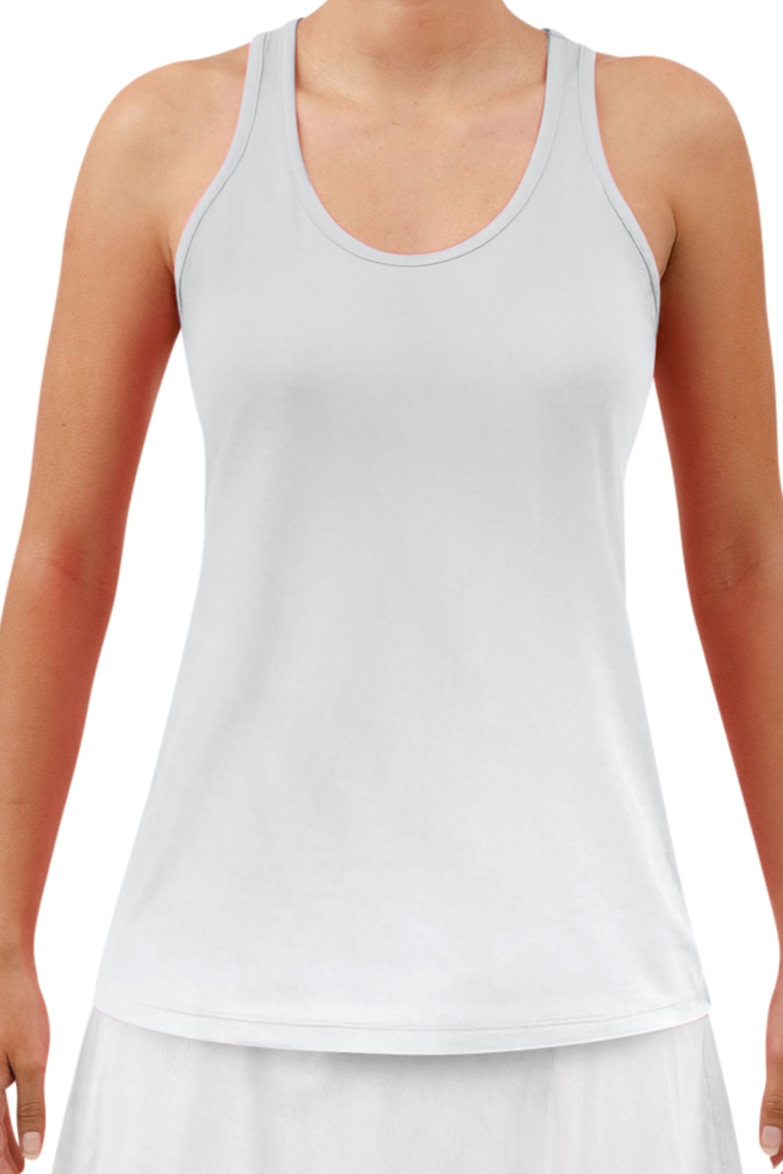 White racerback tank by Pickleball Bella, with a U-neck, made of smooth fabric, worn with a white skirt.