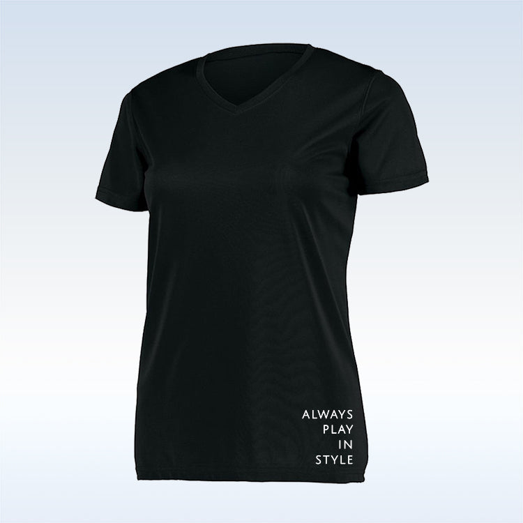 Black short sleeve V-neck tee by Pickleball Bella with "ALWAYS PLAY IN STYLE" text on the lower front.