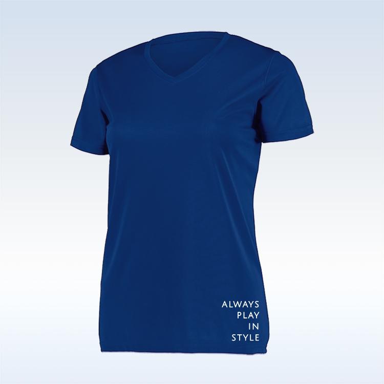 Navy Short Sleeve V-neck Tee by Pickleball Bella with "ALWAYS PLAY IN STYLE" printed on the lower right.