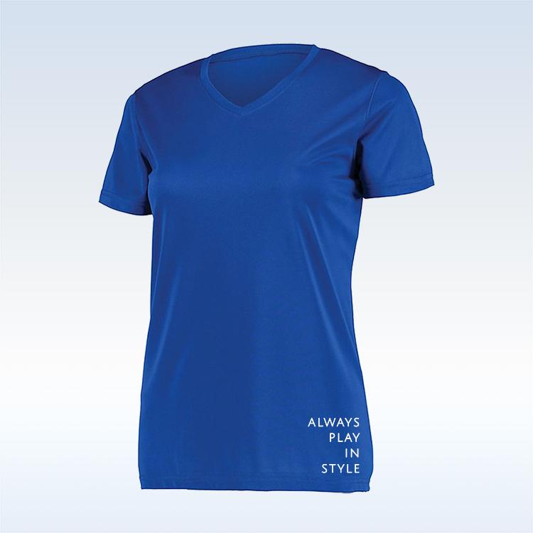 Royal blue short sleeve V-neck tee by Pickleball Bella, featuring "ALWAYS PLAY IN STYLE" text on the bottom right.