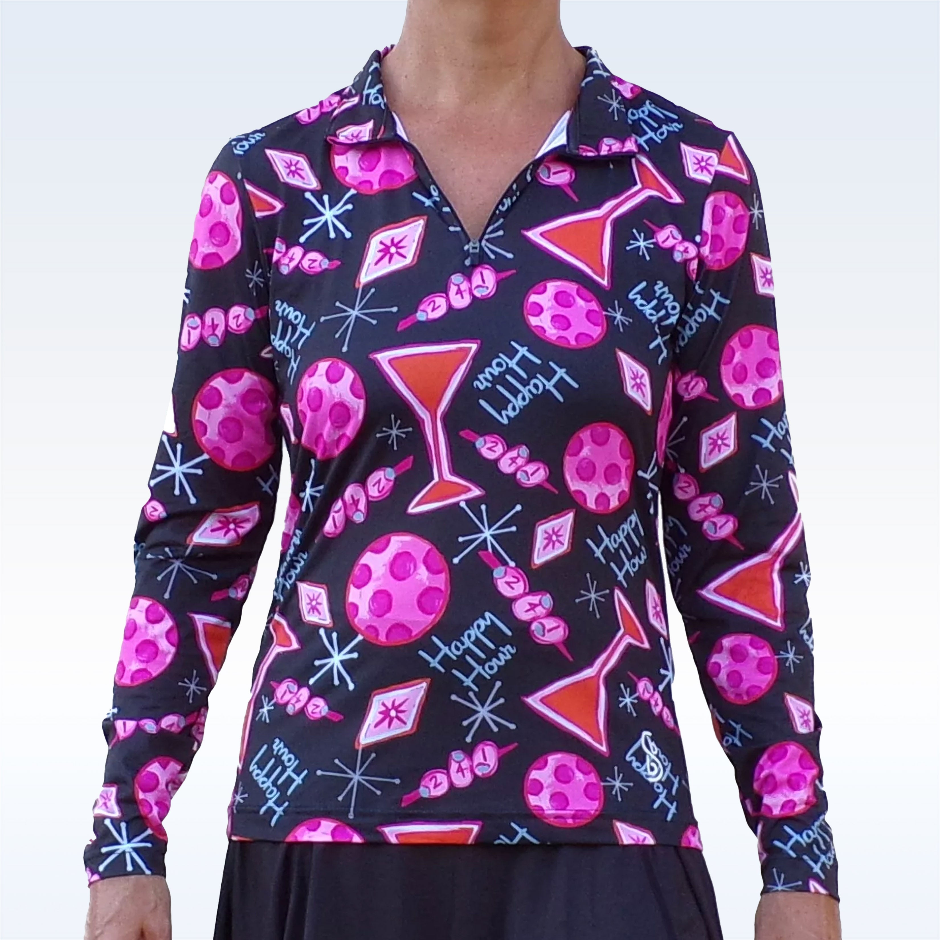 Long sleeve 1/4 zip pullover by Pickleball Bella in black with pink and orange martini, polka dot, and 'Happy Hour' print.