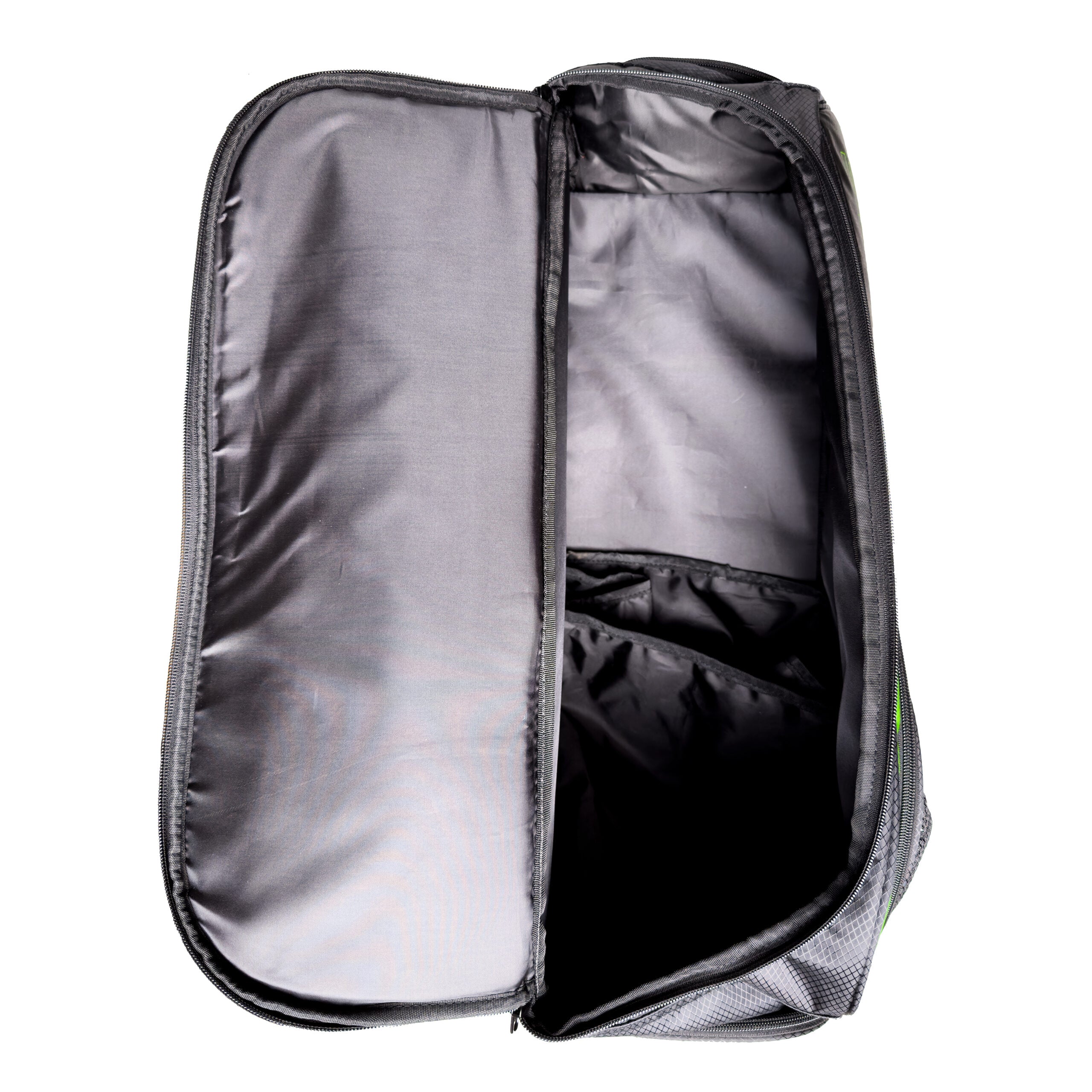 Open gray and black backpack.