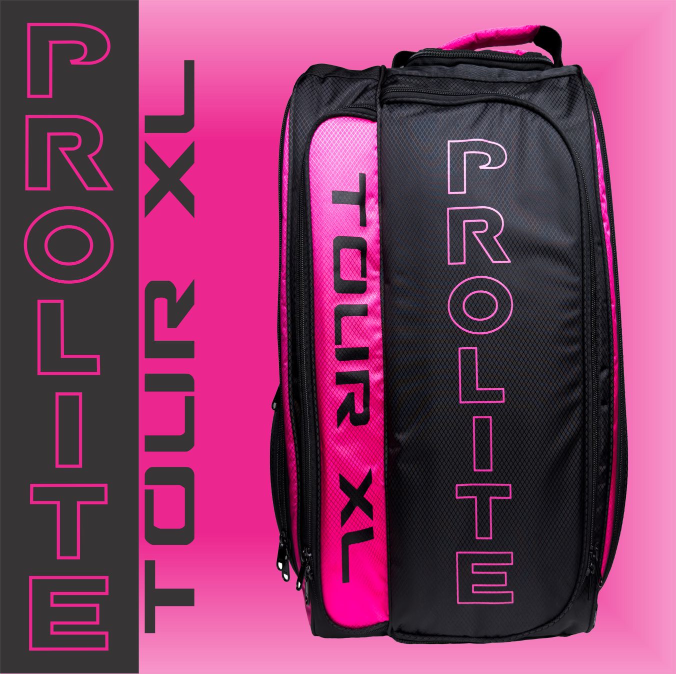 Black and pink tennis bag with product branding.